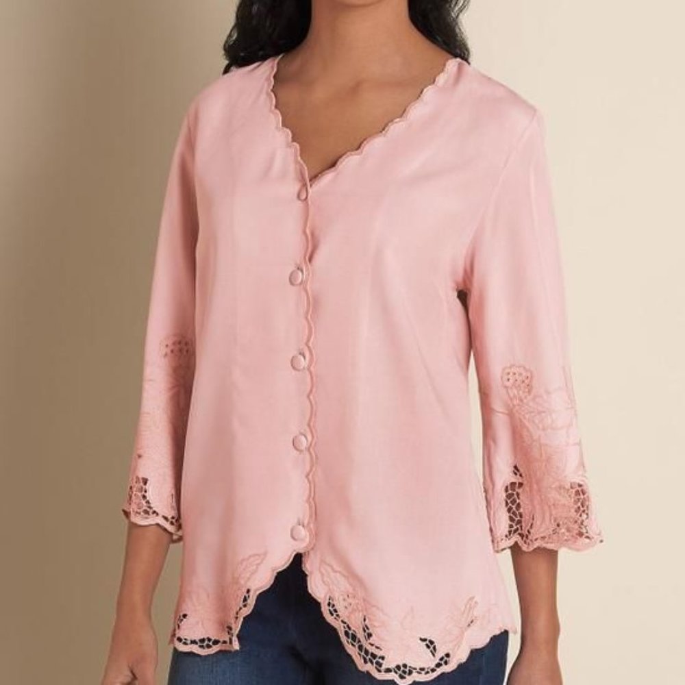 Soft Surroundings Half Moon Bay Blouse Button Up Scalloped Crochet